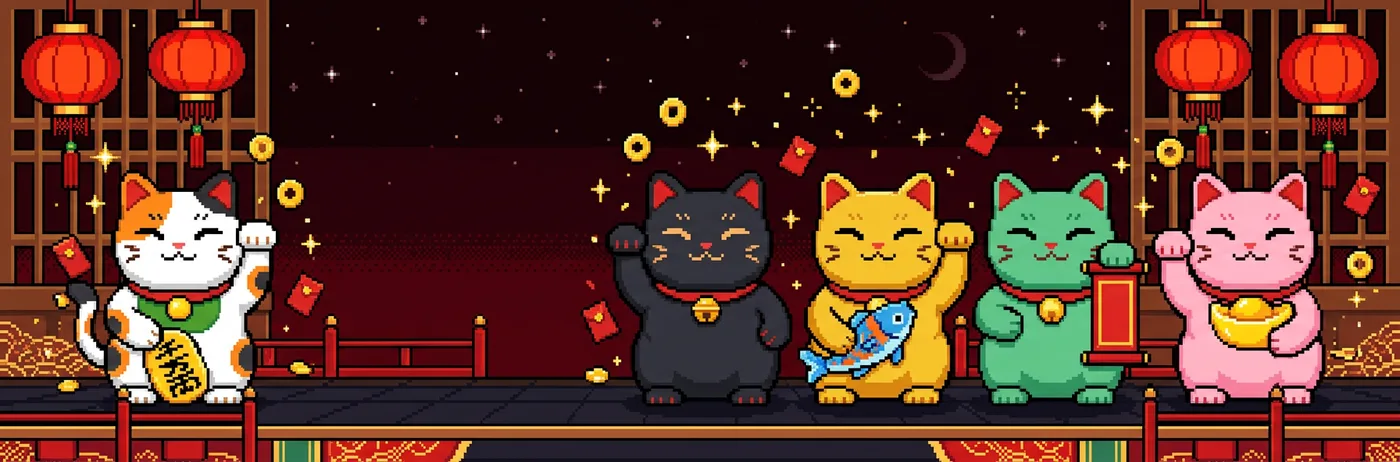 Pixel maneki-neko lucky cats under red lanterns